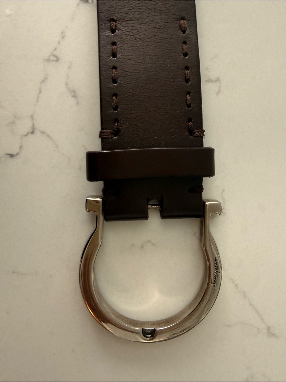 Salvatore Ferragamo Dark Brown Leather Belt with Silver Gancini Buckle